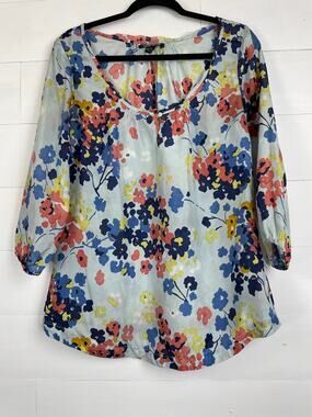 Lucky Brand 100% Silk Floral Peasant Blouse Blue Pink Boho Top Size S